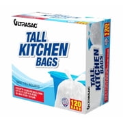 Ultrasac 13 Gallon 0.6 MIL Tall Kitchen Bags With Twist Ties - 24" x 27" - Pack of 120 - For Home, Kitchen, Office, White