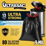 Ultrasac 13 Gallon 0.9 MIL Black Clean Scent Drawstring Tall Kitchen Trash Bags - 24" x 27" - Pack of 80 - For Home, Kitchen, Food Services, Commercial