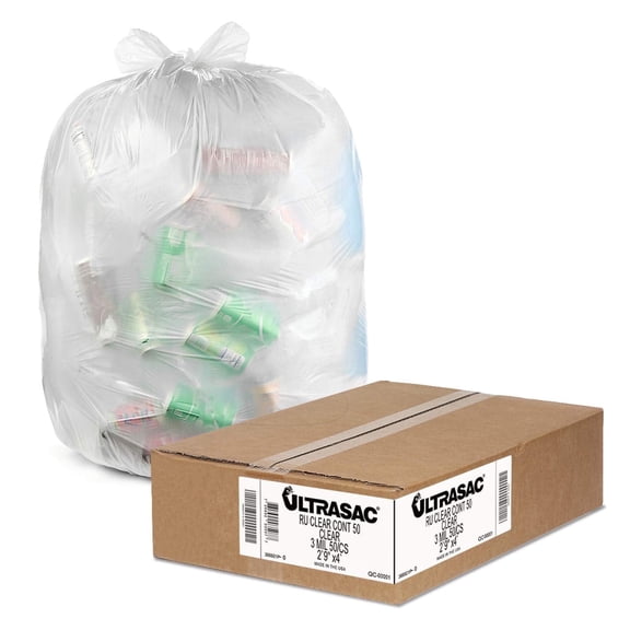 Ultrasac 42 Gallon 3 MIL Thick Heavy Duty Clear Trash Bags - 33" x 48" - Pack of 50 - For Industrial, Construction, & Commercial