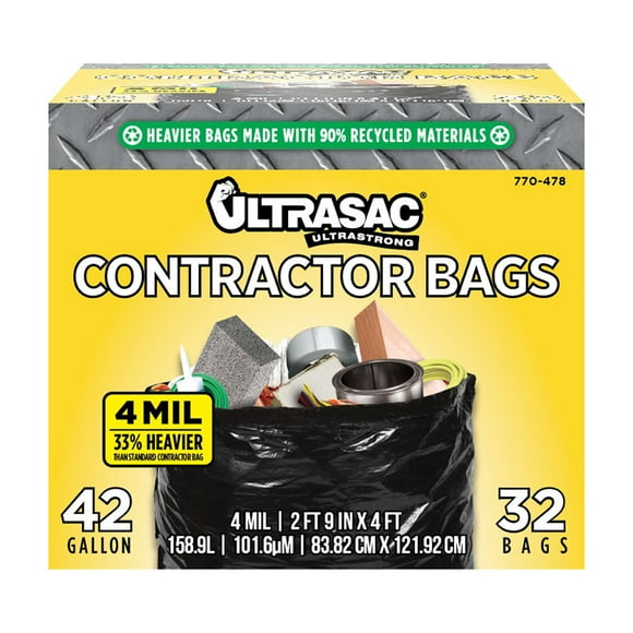 Ultrasac Contractor Bags UL 4MIL Heavy Duty 42 gal Black Garage Industrial, Unscented, 32 Bags