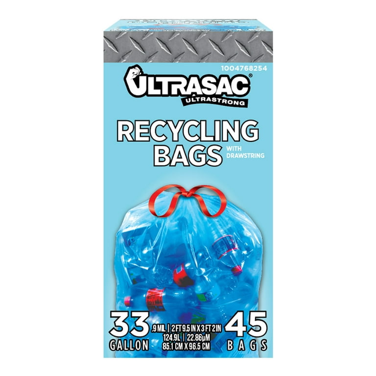 Ultrasac - Drawstring Recycling Bags, 33 Gallon, .9 mil, 33 inch x 38 inch, Blue, 45 Count