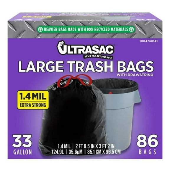 Ultrasac - Drawstring Trash Bags, 33 Gallon, 1.4 Mil, 24" x 9.5", Black, 86 Count