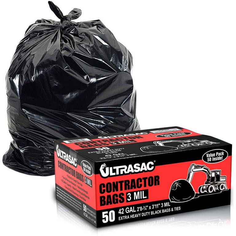 Ultrasac 42-Gallon Heavy Duty Contractor Bag with Flaps (50-Count), Black
