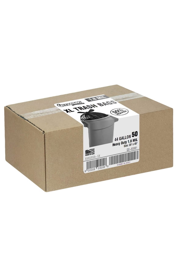 - Extra Large Heavy Duty Trash Bags, 44 Gallon, 1.8 Mil, 38" x 45", Black, 50 Bags/Roll