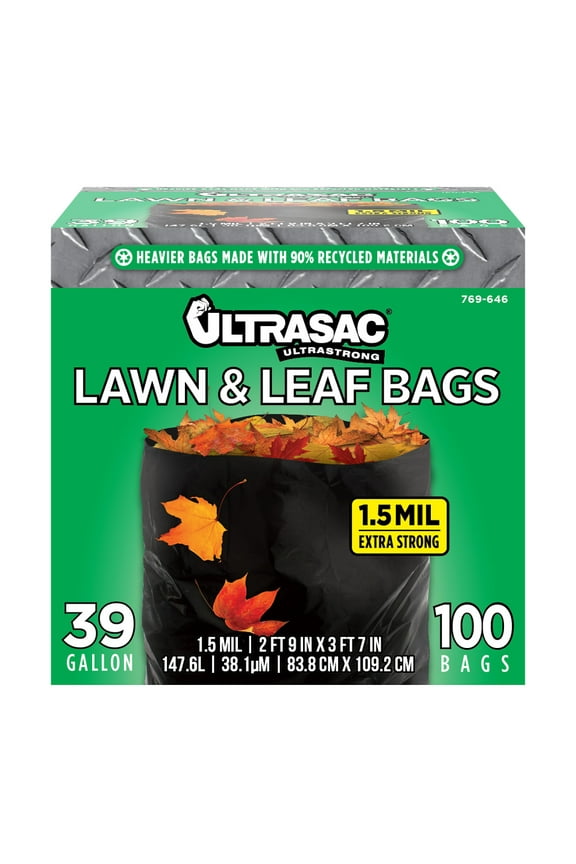 Lawn & Leaf Heavy Duty Trash Bags, 39 Gallon, 1.5 Mil, 33" x 43", 100 Count