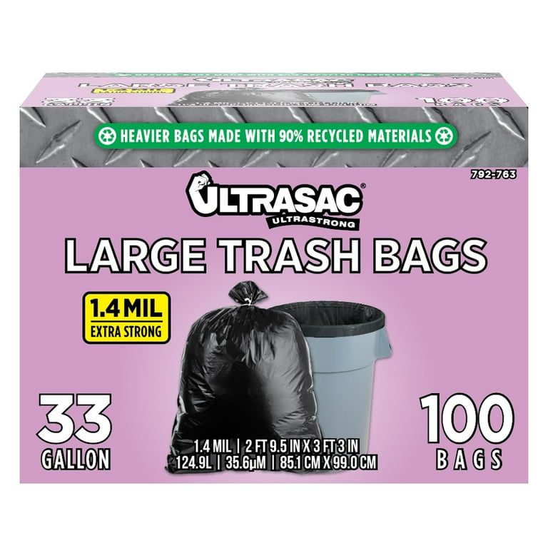 Ultrasac 33 Gallon Trash Bags - (Huge 100 Pack/w Ties) - 39' x 33' Heavy Duty