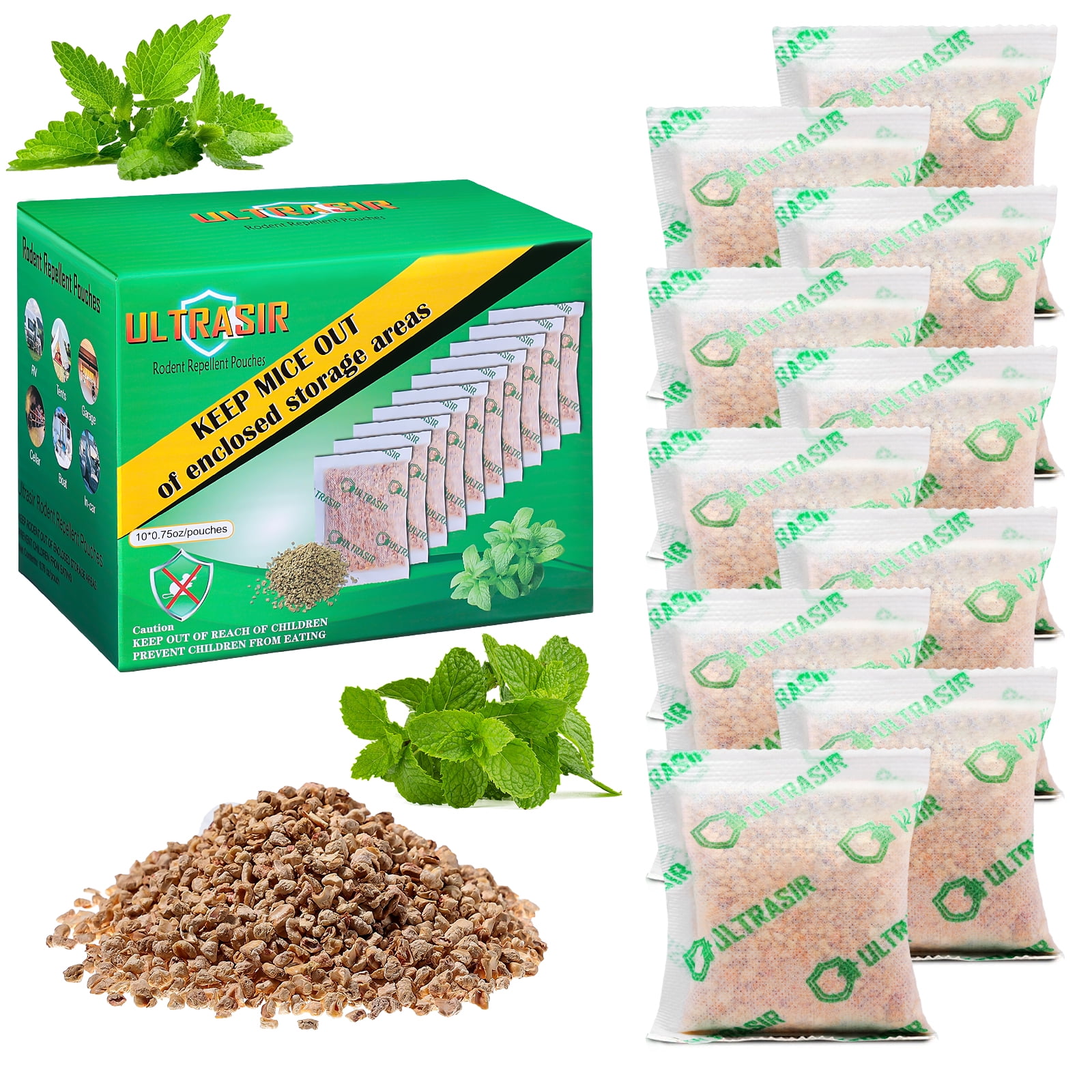 Ultrasir Peppermint Oil Rodent Repellent, 10 Pouches for Mice, Rats