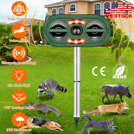 Ultrasonic Animal Repeller, Solar Powered Motion Sensor Repellent, IP66 Waterproof Outdoor, Animal Deterrent Devices Repel Squirrel, Raccoon, Skunk, Rabbit, Rodent, Fox, Deer, etc
