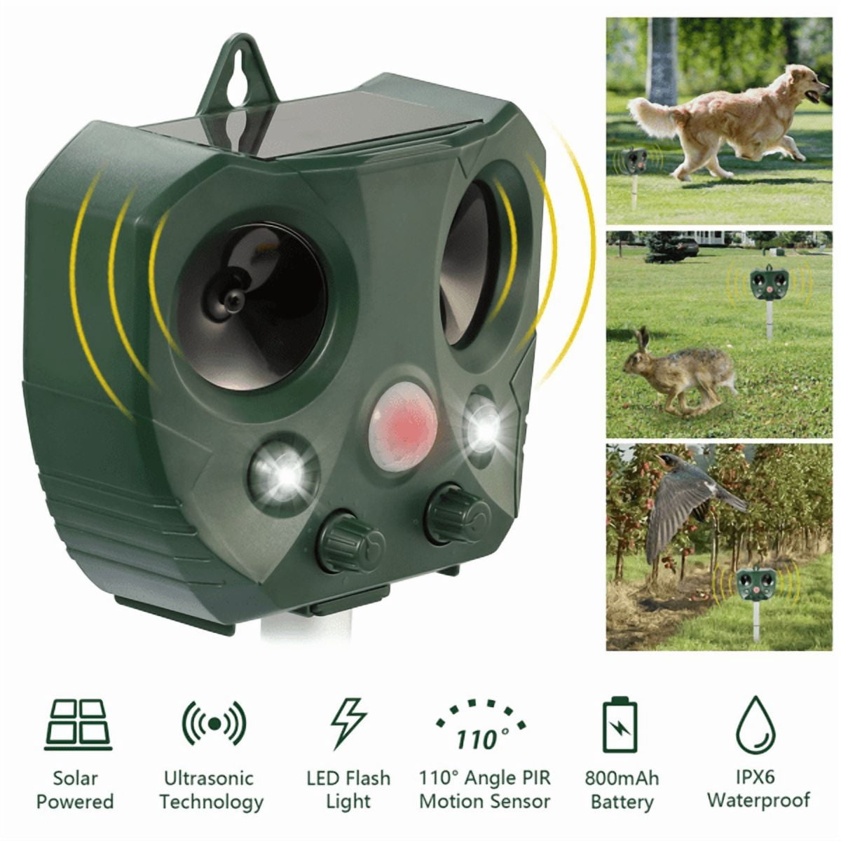 Ultrasonic Animal Repeller, Upgraded Solar Powered Pest Deterrent with PIR Motion Sensor, LED Flashing Light, Dual Speakers 5000 Sq.ft Coverage, Repel Cat Dog Squirrel Raccoon Deer for Yard Garden