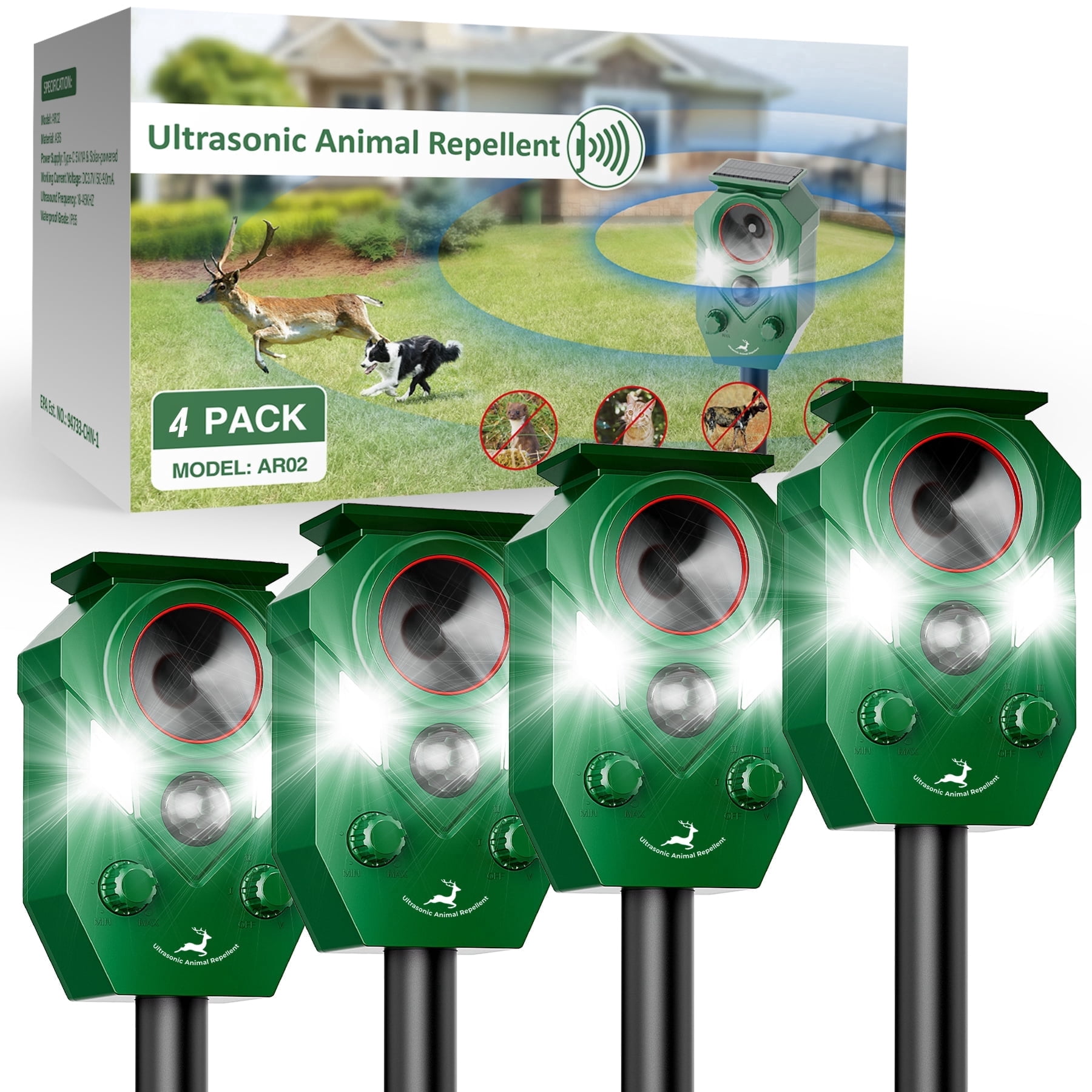 X-PEST Ultrasonic Squirrel Repeller Device, Waterproof Solar Animal Repeller with Motion Activated and Blinking LED Light, 4 Pack