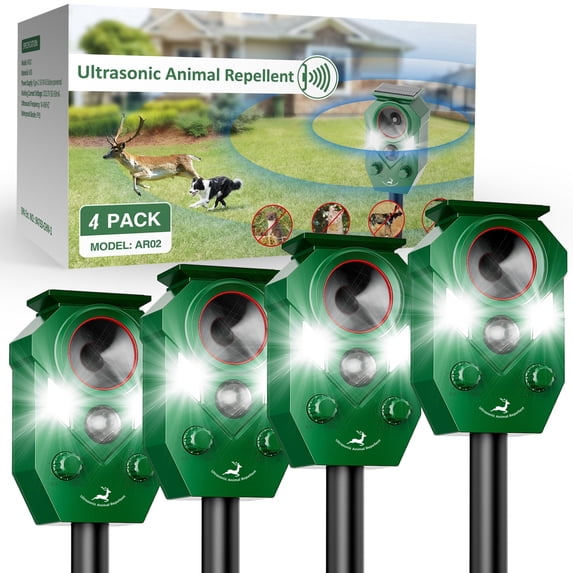 X-PEST Ultrasonic Squirrel Repeller Device, Waterproof Solar Animal Repeller with Motion Activated and Blinking LED Light, 4 Pack
