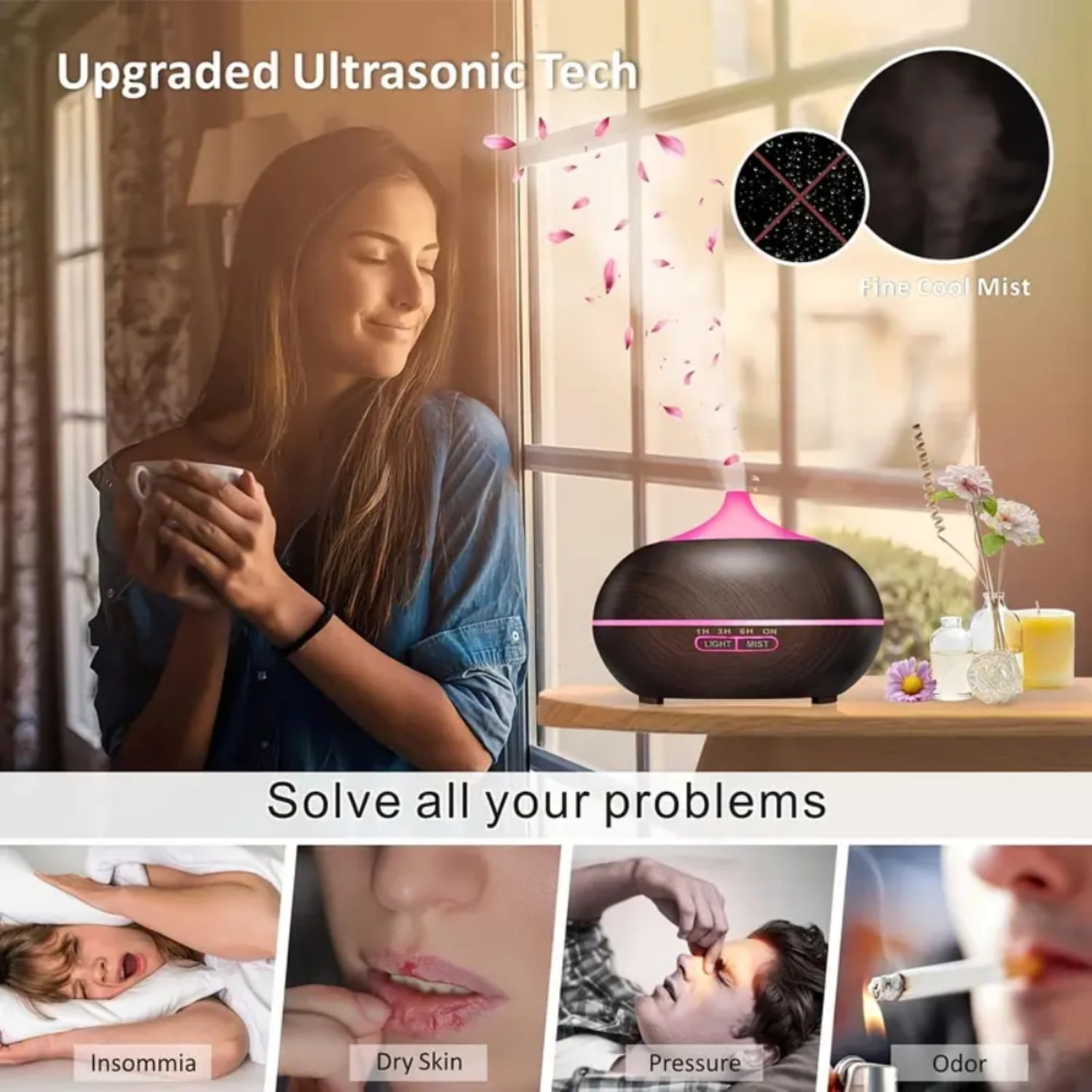 Ultrasonic Aromatherapy Diffuser 18.6oz 8 LED Colors 4 Timer Modes Auto ...