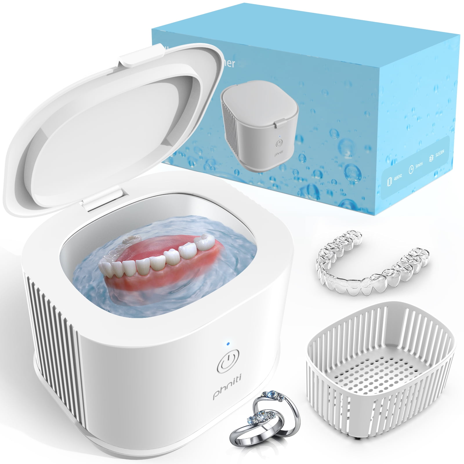 Ultrasonic Cleaner, Phniti 46kHz Professional Portable Ultrasonic Jewelry Cleaner Machine with Timer for Dental Retainer, Mouth Guard, Watch, Ring, Diamond - Household Use, White