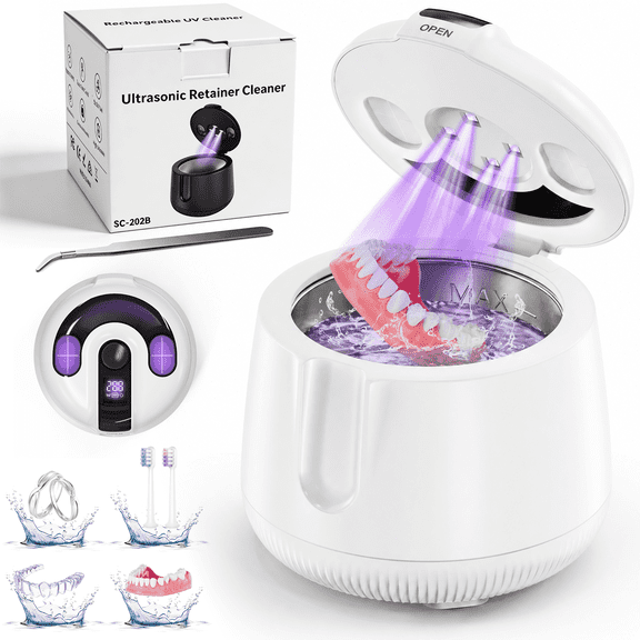 ILAVYO Ultrasonic Cleaner for Retainers & Dentures, 48kHz Portable Cleaning Machine with Low Noise Design, LED Display, for Aligners, Mouth Guards, Jewelry, 200ML