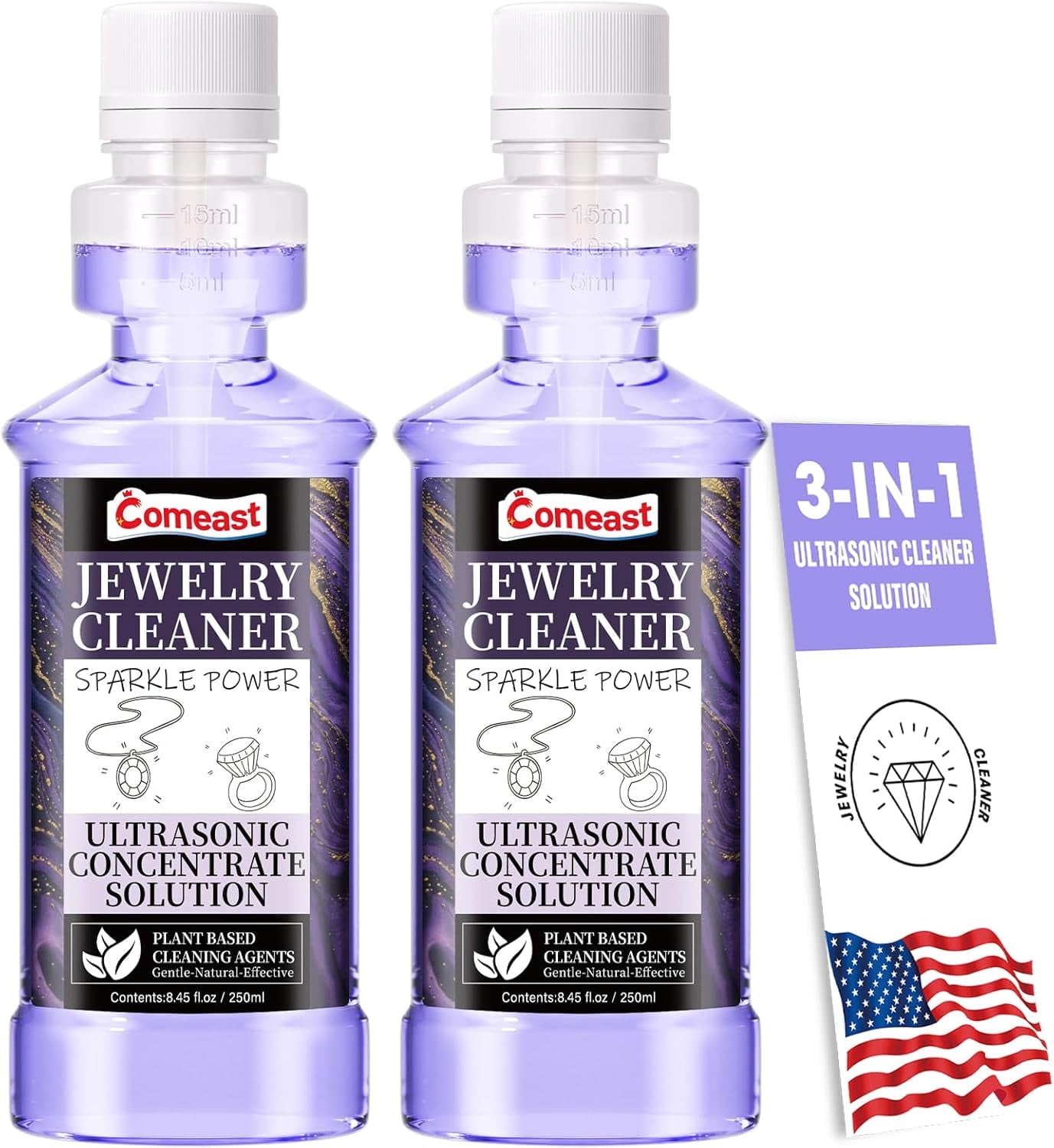 COMEAST Ultrasonic Cleaner Solution Concentrate, Ultrasonic Jewelry Cleaner Solution, Professional Power for All Ultrasonic Machines, Gem & Jewelry Cleaner Liquid Total 16.9 fl oz (2 PK)