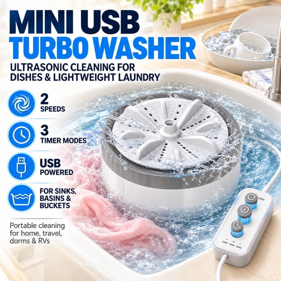 Ultrasonic Cleaning Device for Dishes Mini USB Turbo Washer Portable Sink Washing Machine for Clothes and Dishes 2 Speeds 3 Timer Modes