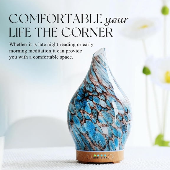 Ultrasonic Essential Oil Diffuser with Light Blue Glass Cover, Timer and 7-Color Light