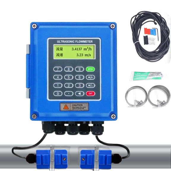 Ultrasonic Flow Meter For Liquid Water, Bidirectional Measurement, LCD Display, Includes Clamp-On Transducers For Accurate Flow Control