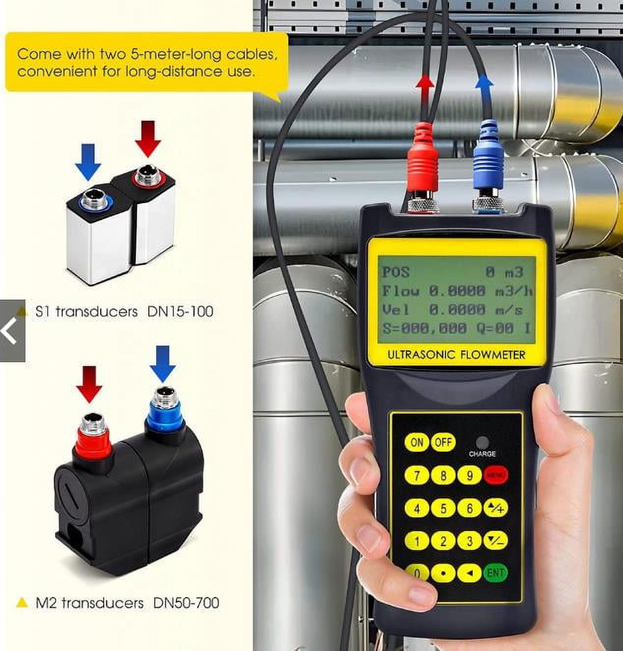 Ultrasonic Flowmeter Clamp on Liquid Flow Meter with S1+M2 Transducers for Copper/PVC Pipe DN15