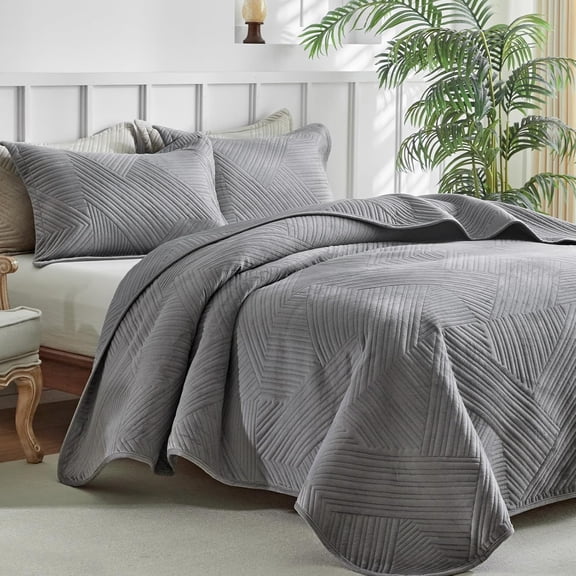Ultrasonic Grey Velvet Quilt Set King Size, Geometric Textured Striped Pattern Modern Quilt Bedding Set, 3 Piece Soft Microfiber Bedspreads Coverlet for All Season, Grey, 106x96 inches