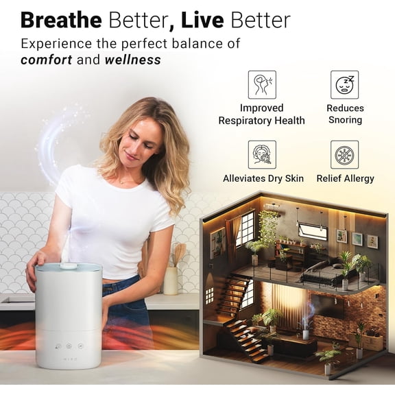 Ultrasonic Humidifiers for Bedroom Baby - Pre Filter, Wifi App controlled, Auto Mode, No Leak Design, Sleep Mode, Built-in Timer, Humidifier for Babies & Home