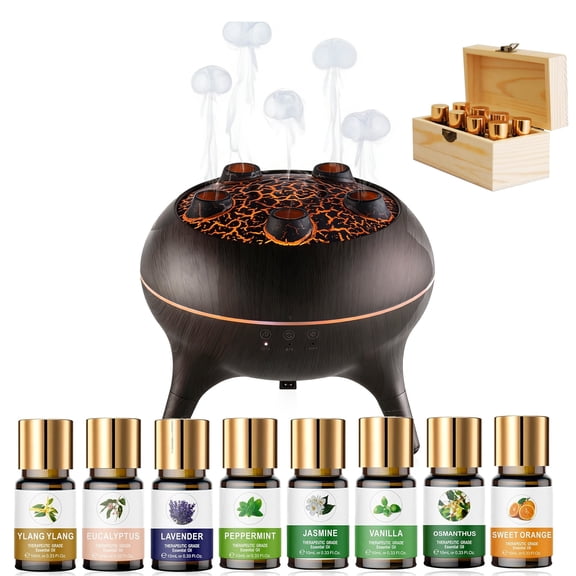 Ultrasonic Jellyfish Diffuser 250ml, Aromatherapy Essential Oil Diffuser with Remote Control 7 Color Lights, Includes 8 Organic Essential Oils