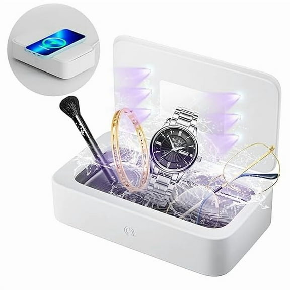 Ultrasonic Jewelry Cleaner - 3 in 1 Professional Ultrasonic Glasses Cleaning Machine with Wireless Charging, 42kHz Portable Ultrasonic Cleaner for Eye Glasses, Ring, Earring, Necklaces (White)