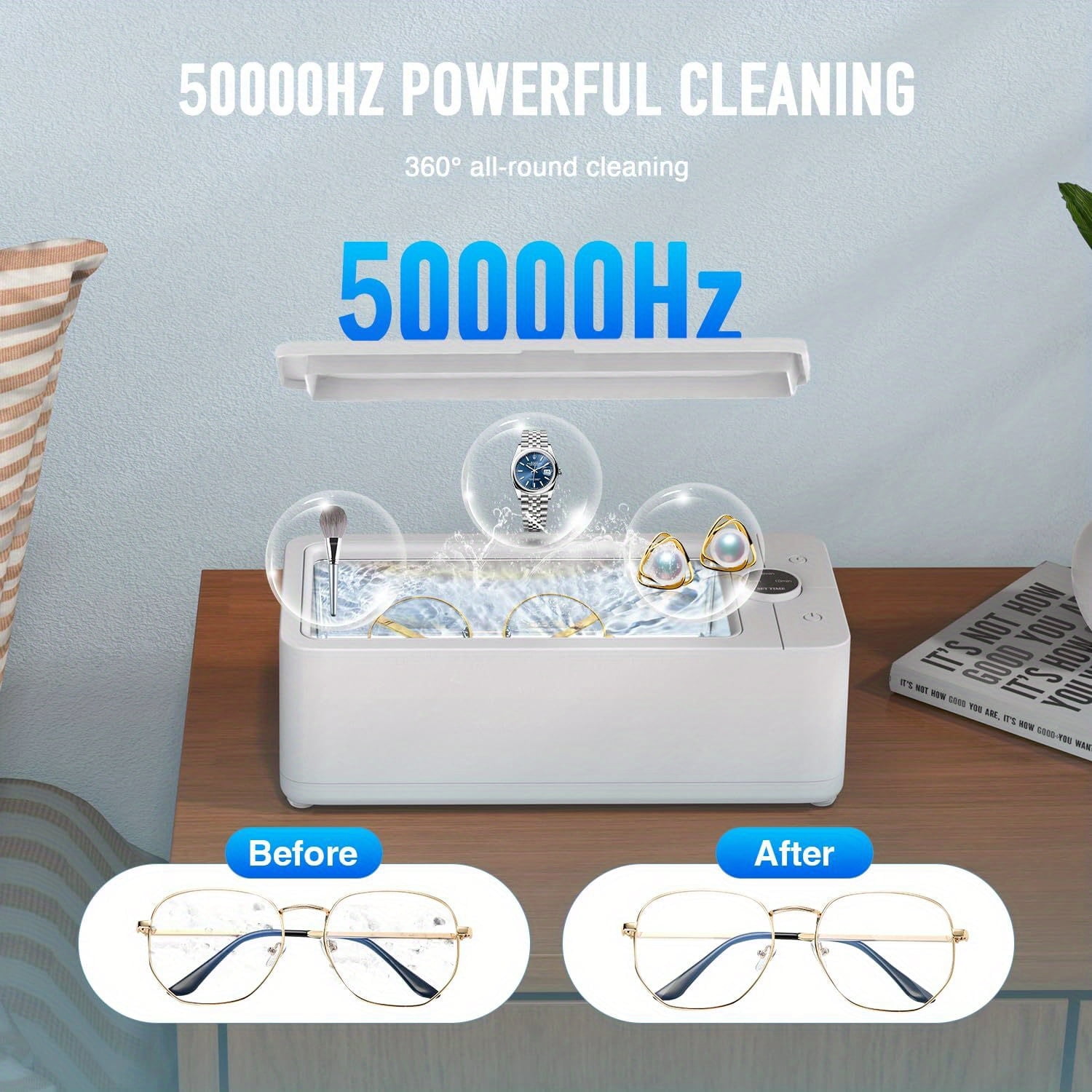 Ultrasonic Jewelry Cleaner,3 Time Modes 50KHz 21OZ Ultrasonic Cleaner Machine for Rings,Glasses,Watch,Makeup Brush