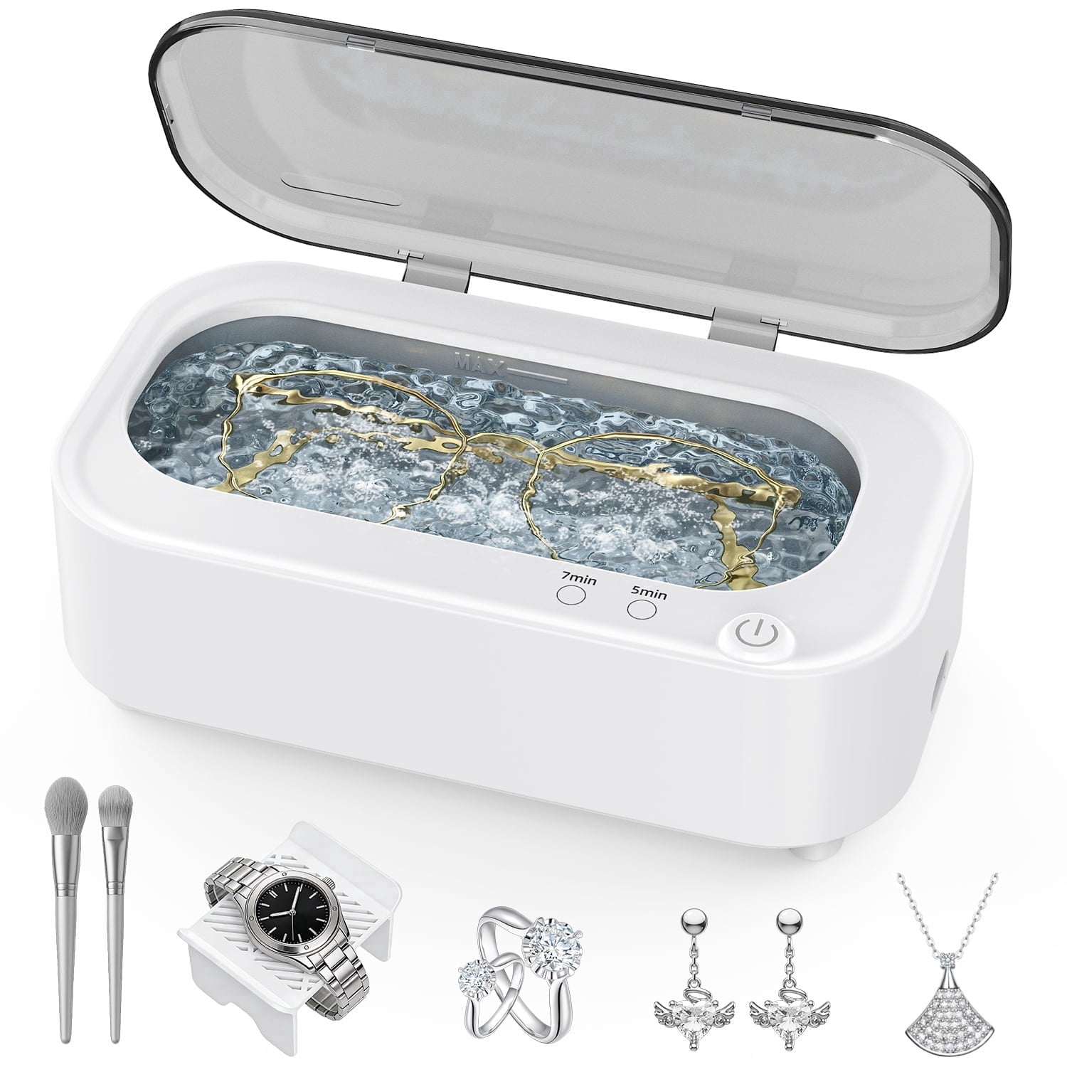 Askmuse Ultrasonic Jewelry Cleaner Machine, Ring Cleaner with Accessory Holder, 48KHz Deep Wash, 12oz 304 SS Tank, Dual Modes for Retainer, Denture, Glasses, Gold, Silver, Diamond Ring, Home Use Gift