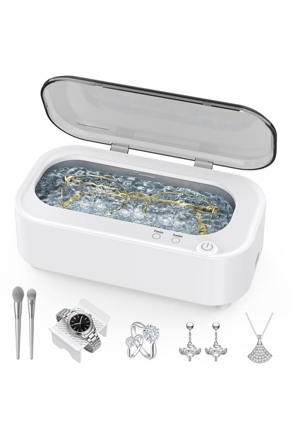 Ultrasonic Jewelry Cleaner Machine, Ring Cleaner with Accessory Holder, 48KHz Deep Wash, 12oz 304 SS Tank, Dual Modes for Retainer, Denture, Glasses, Gold, Silver, Diamond Ring, Home Use Gift