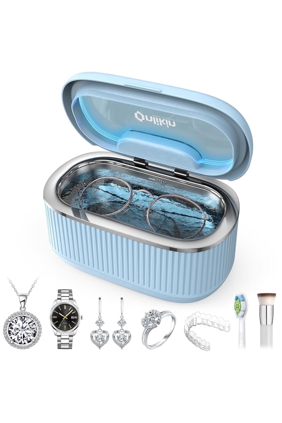 Ultrasonic Jewelry Cleaner 35W 45KHz – for Retainers, Eyeglasses & Dentures, 20oz 304SS Tank, 5 Timer Modes (Blue)