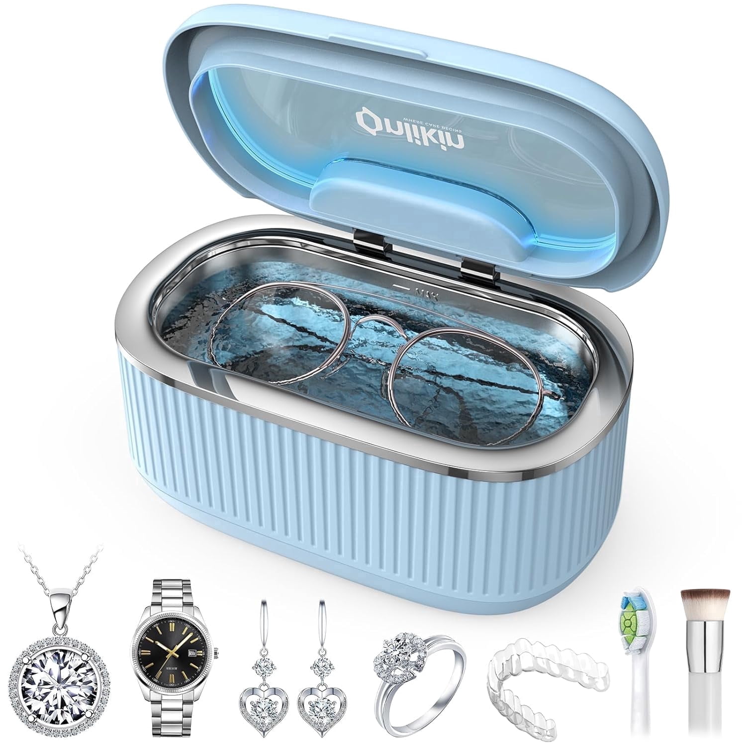 Ultrasonic Jewelry Cleaner 35W 45KHz – for Retainers, Eyeglasses & Dentures, 20oz 304SS Tank, 5 Timer Modes (Blue)
