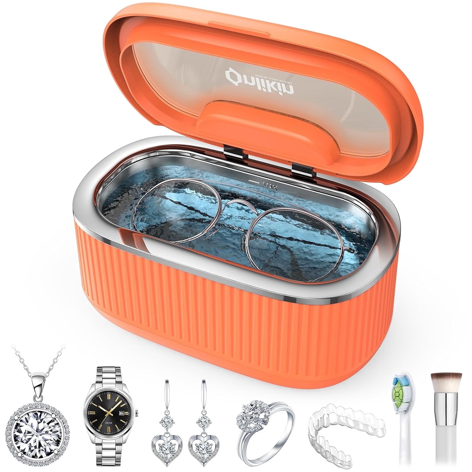Ultrasonic Jewelry Cleaner 35W 45KHz – for Retainers, Eyeglasses & Dentures, 20oz 304SS Tank, 5 Timer Modes (Orange)