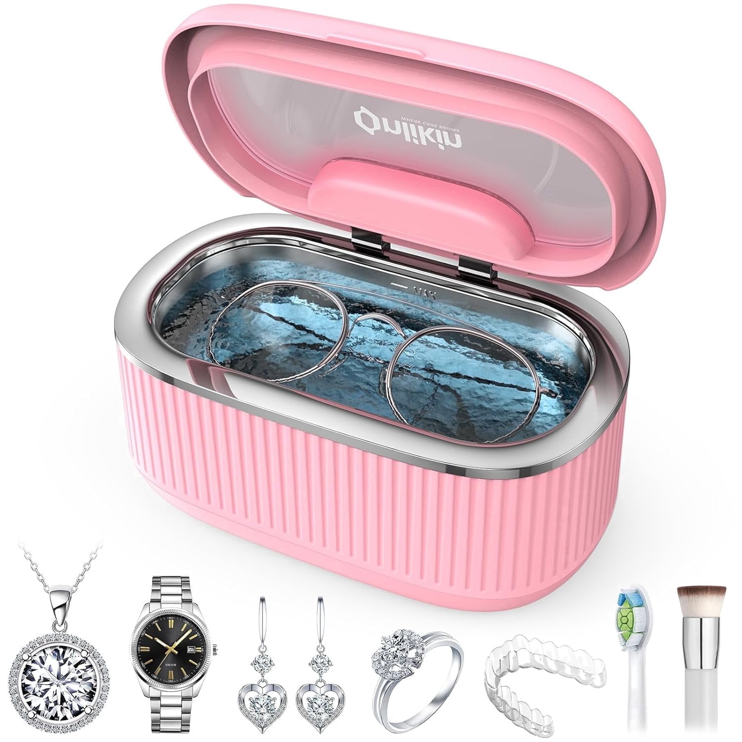 Ultrasonic Jewelry Cleaner 35W 45KHz – for Retainers, Eyeglasses & Dentures, 20oz 304SS Tank, 5 Timer Modes (Pink)