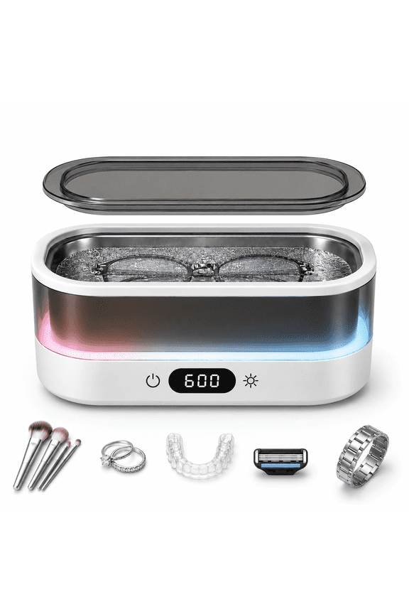 Ultrasonic Jewelry Cleaner 48kHz, 600ml Large Capacity Ultrasonic Cleaner Machine with LED Light, Stainless Steel Tank for Glasses, Jewelry, Rings, Watches, Dentures