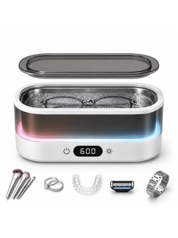 Ultrasonic Jewelry Cleaner 48kHz, 600ml Large Capacity Ultrasonic Cleaner Machine with LED Light, Stainless Steel Tank for Glasses, Jewelry, Rings, Watches, Dentures