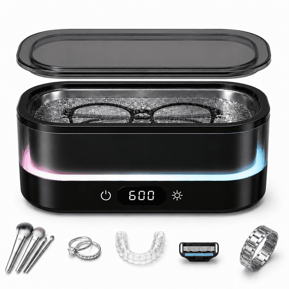 Ultrasonic Jewelry Cleaner 48kHz, 600ml Large Capacity Ultrasonic Cleaner Machine with LED Light, Stainless Steel Tank for Glasses, Jewelry, Rings, Watches, Dentures