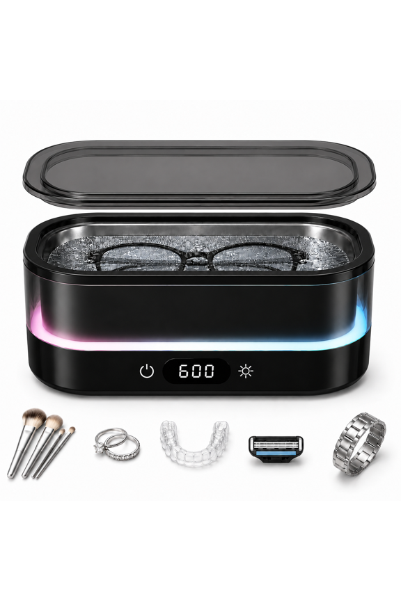 Ultrasonic Jewelry Cleaner 48kHz, 600ml Large Capacity Ultrasonic Cleaner Machine with LED Light, Stainless Steel Tank for Glasses, Jewelry, Rings, Watches, Dentures