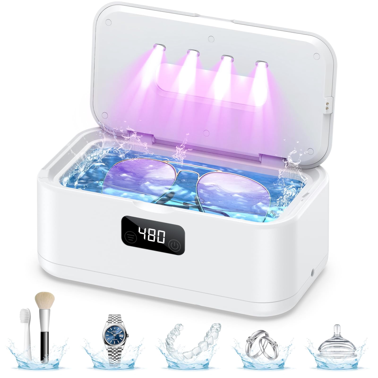 Ultrasonic Jewelry Cleaner, 50Khz Jewelry Cleaner Ultrasonic Machine for Jewelry, Eyeglasses, Rings, Watch Strap, Dentures, 24oz - 304 Stainless Steel Tank, Digital Timer, 5 Cleaning Modes(White)