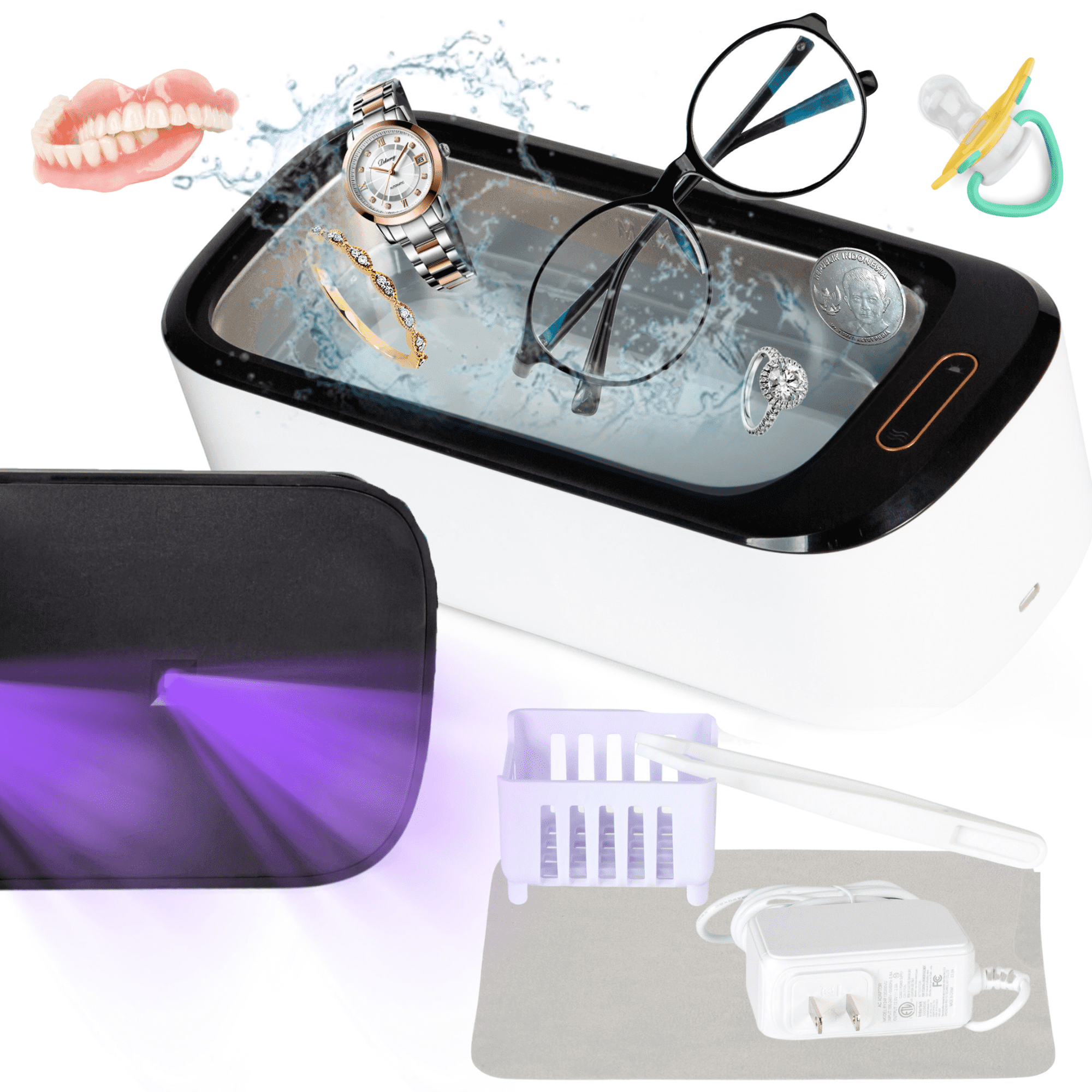 ELLINGTON GIFTS Ultrasonic Jewelry Cleaner & UVC Professional Sterilizer Machine, 550ml 46KHz Power Portable Ultra Sonic Cleaner for Cleaning Glasses, Watches, Coins, Makeup, Dentures