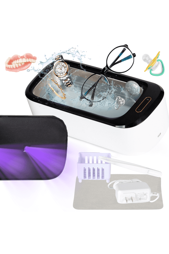 Ultrasonic Jewelry Cleaner & UVC Professional Sterilizer Machine, 550ml 46KHz Power Portable Ultra Sonic Cleaner for Cleaning Glasses, Watches, Coins, Makeup, Dentures