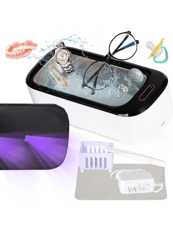 Ultrasonic Jewelry Cleaner & UVC Professional Sterilizer Machine, 550ml 46KHz Power Portable Ultra Sonic Cleaner for Cleaning Glasses, Watches, Coins, Makeup, Dentures
