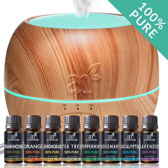 Ultrasonic Oil Diffuser Set + 8 Pure Essential Oils (10mL) Natural