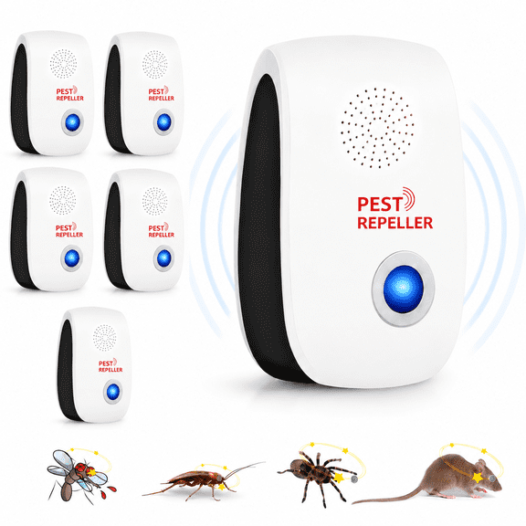 Ultrasonic Pest Pro Plug In Device for Indoor Home Defense, Electronic Sound Converter for Spider, Mouse, Mosquito and Flying Bug Control, 6-Pack