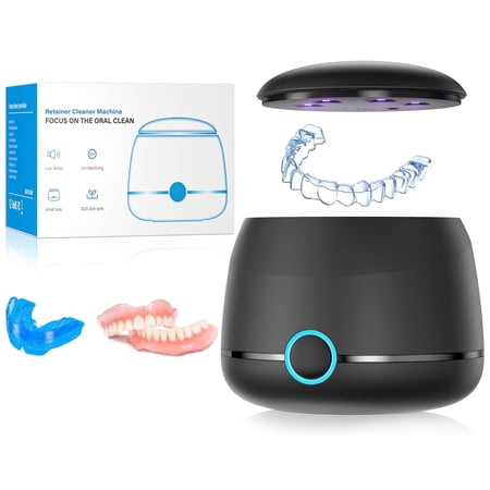 Ultrasonic Retainer Cleaner, 45kHz Denture Cleaner Machine, 5min and 10min Modes with Rechargable Top Cover, 200ml Dental Cleaning Pod, MouthGuard Cleaner for Aligner NightGuard Jewelry(Black)