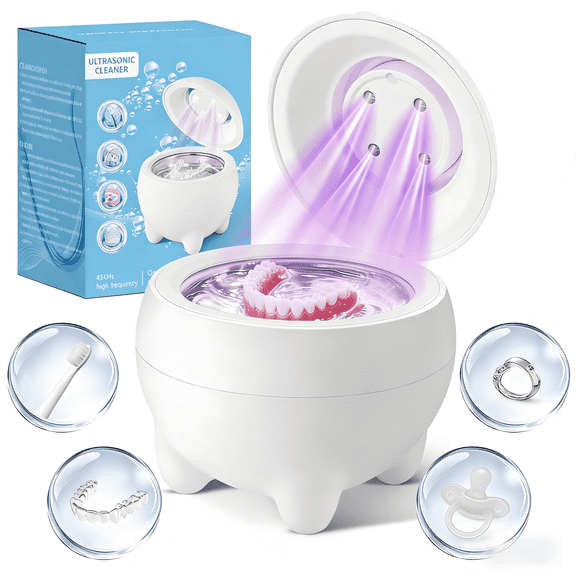 Ultrasonic Retainer Cleaner Machine 45kHz, Dental Pod Ultrasonic Cleaning for Dentures, Aligners and Night Guards, Jewelry Cleaner with 4 Modes, Low Noise, White
