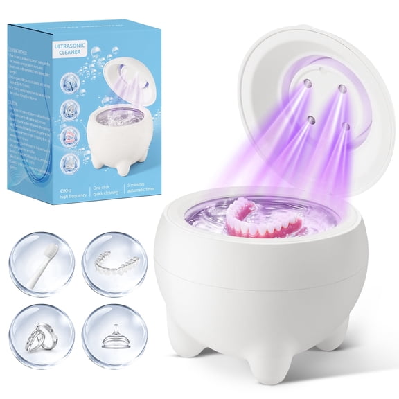 Ultrasonic Retainer Cleaner Machine, 45kHz Ultrasonic Dental Cleaning Pod for Denture, Night Guards, Jewelry, Dental Pod, Low Noise 4 Modes Gifts for Her (White)