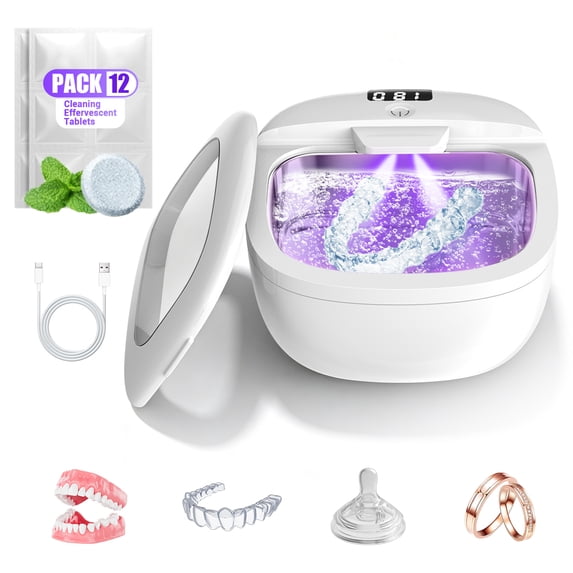 Ultrasonic Retainer Cleaner Machine, 45kHz Dental Cleaning Pod for Denture, Aligner, Nightguard, Mouth Guard, Toothbrush, Jewelry, with Digital Timer, 200ML & 4 Modes for All Dental Appliances