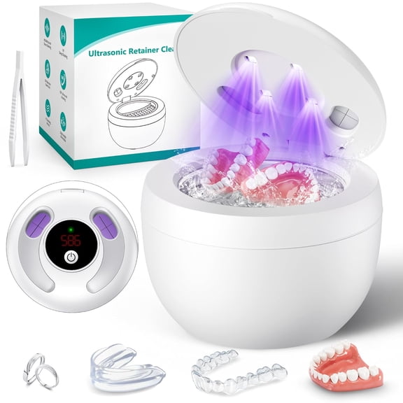 Ultrasonic Retainer Cleaner Machine, 45kHz Dental Cleaning Pod with UV-C Light, 200ML Capacity with 4 Modes Deep Cleaning for Retainers, Aligners, Mouth Guards, Dentures & Jewelry