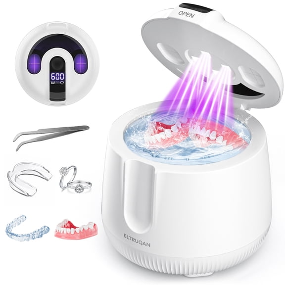 Eltruqan Ultrasonic Retainer Cleaner Machine 48kHz, 200ml Dental Cleaning Pod for Dentures, Aligners, Mouth Guards, Toothbrush Heads and Jewelry